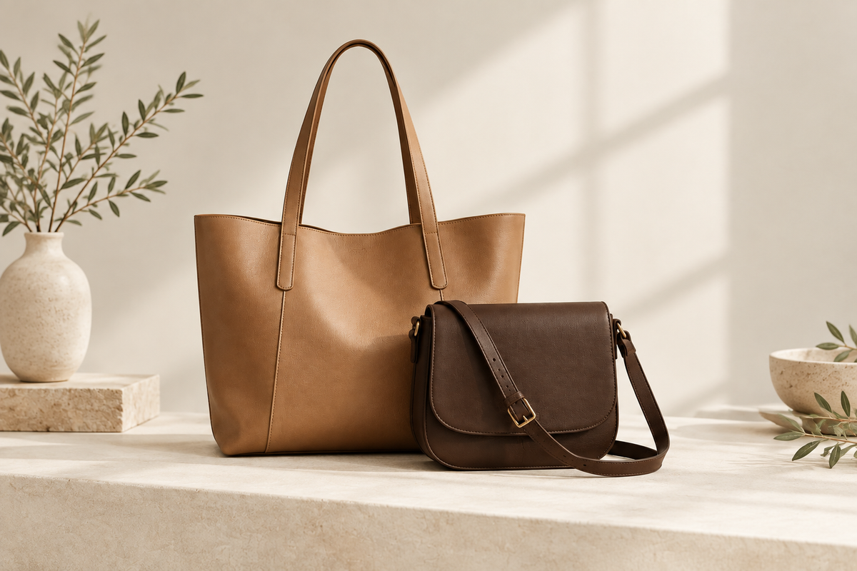 Tan tote bag and dark brown crossbody bag in a Nordic studio setting